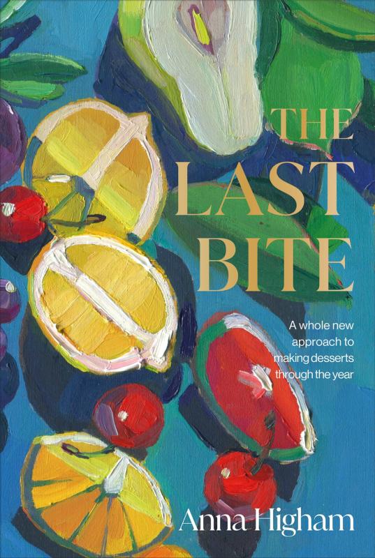 gouache style image of fruits, most of them cut with an offset, off-center title text