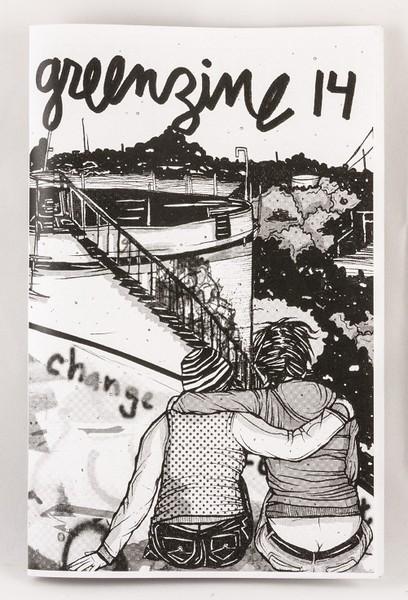 A zine with an illustration of two people with their arms around one another looking over a large vat and vegetated hills