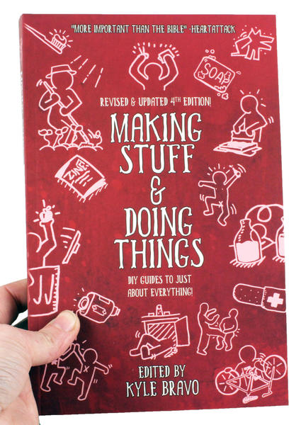 a red book cover with white outline illustrations of people making stuff and doing things