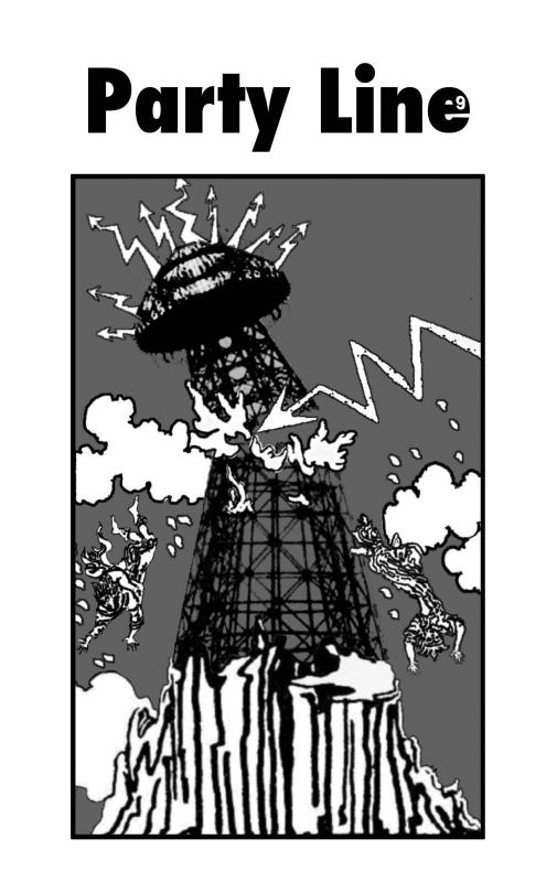Black and white illustration of a communications tower struck by lightning in the style of The Tower tarot card.