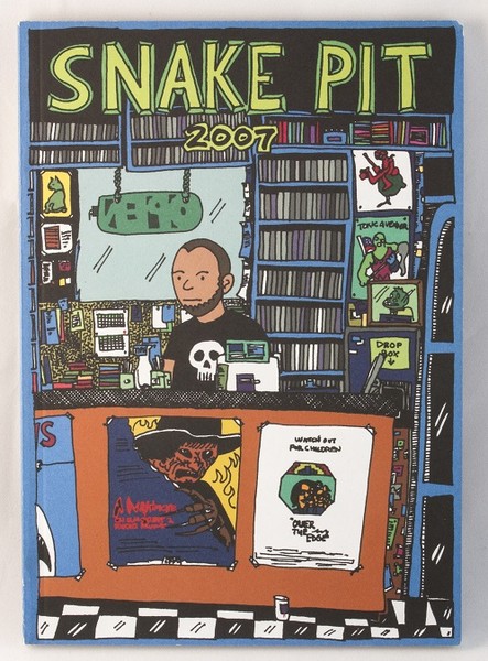 A book cover with Ben Snakepit standing behind a counter at a comic book store