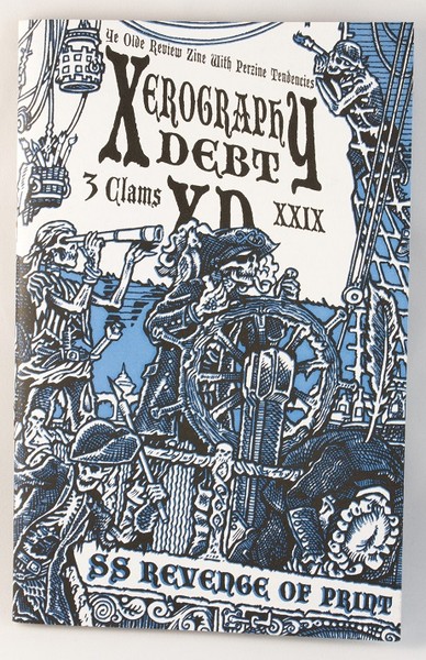 A blue zine with an illustration of skeleton pirates manning a ship